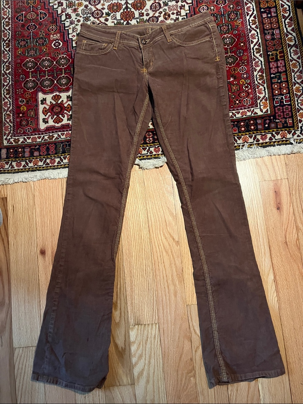 People's Liberation Low Rise Y2K Brown Corduroy Pants Gold Stitching Size 28